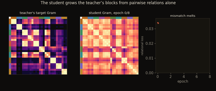 Two Gram matrices side by side over thirty class-sorted garments; the student's Gram, starting nearly featureless, develops the teacher target's shirt-family and shoe-family blocks epoch by epoch from real checkpoints, while a relational-loss curve falls to near zero