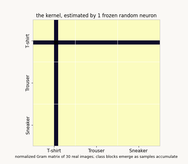 A thirty-by-thirty Gram matrix heatmap crystallizing from noise into a clear three-block class structure as the counter of random neurons climbs from one to two thousand