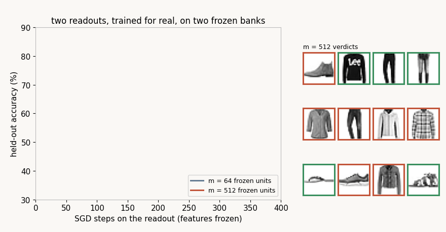 Two accuracy curves rising through SGD steps, the 512-unit bank clearly above the 64-unit bank, while a grid of twelve test garments flips from orange to green borders as the larger readout learns