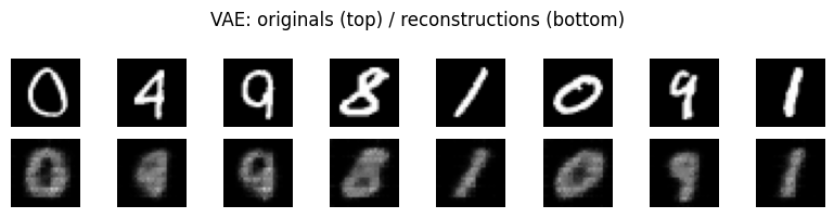 VAE reconstructions: original MNIST digits (top row) and reconstructions decoded from the posterior mean (bottom row)